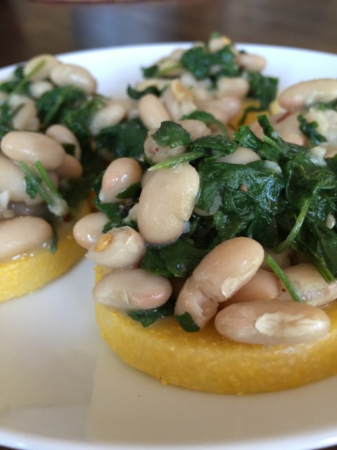 Polenta Crostini with White Beans and Kale